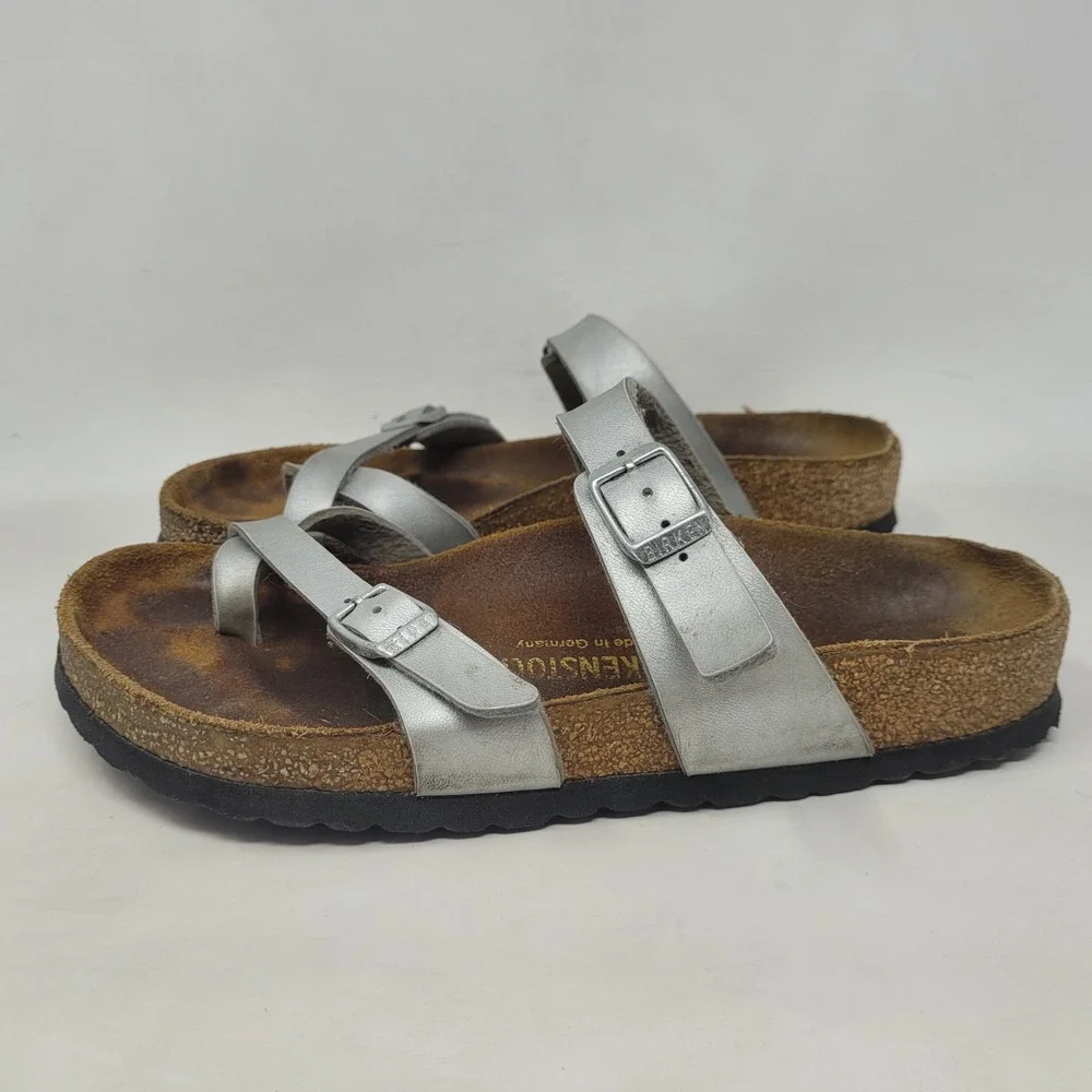 Birkenstock Mayari Sandals EU38 US7.5 Silver Birko Flor Slides Slip On Comfort